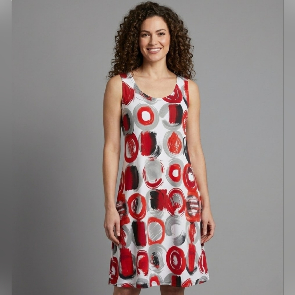 Soleil Sleeveless White Swing Dress With Red & Black Gray Circle Print Size M